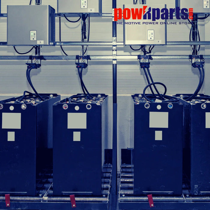 Industrial power batteries charging with connected cables in a facility power management setup