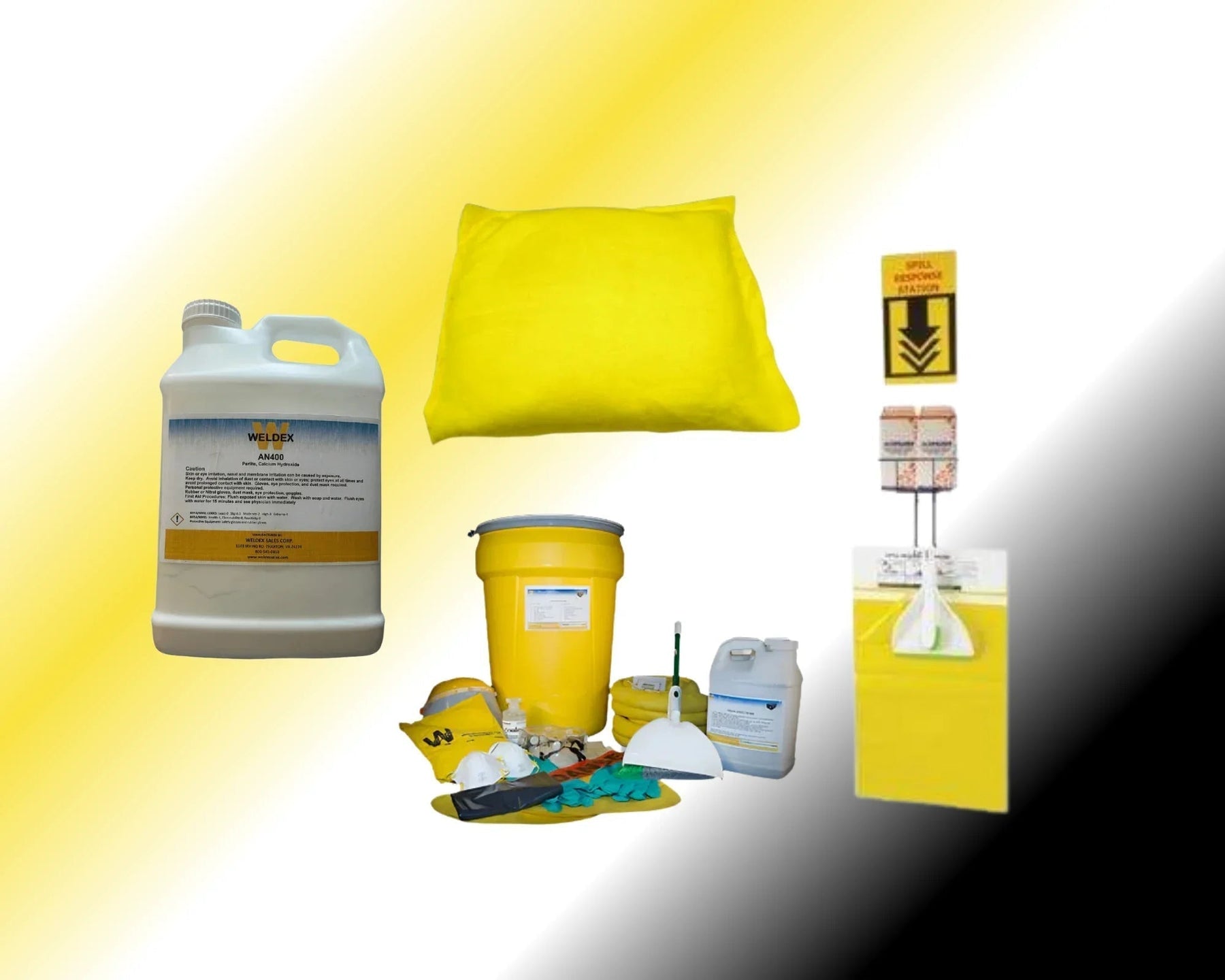 spill prevention and response kits, absorbent pads, safety equipment, and signage
