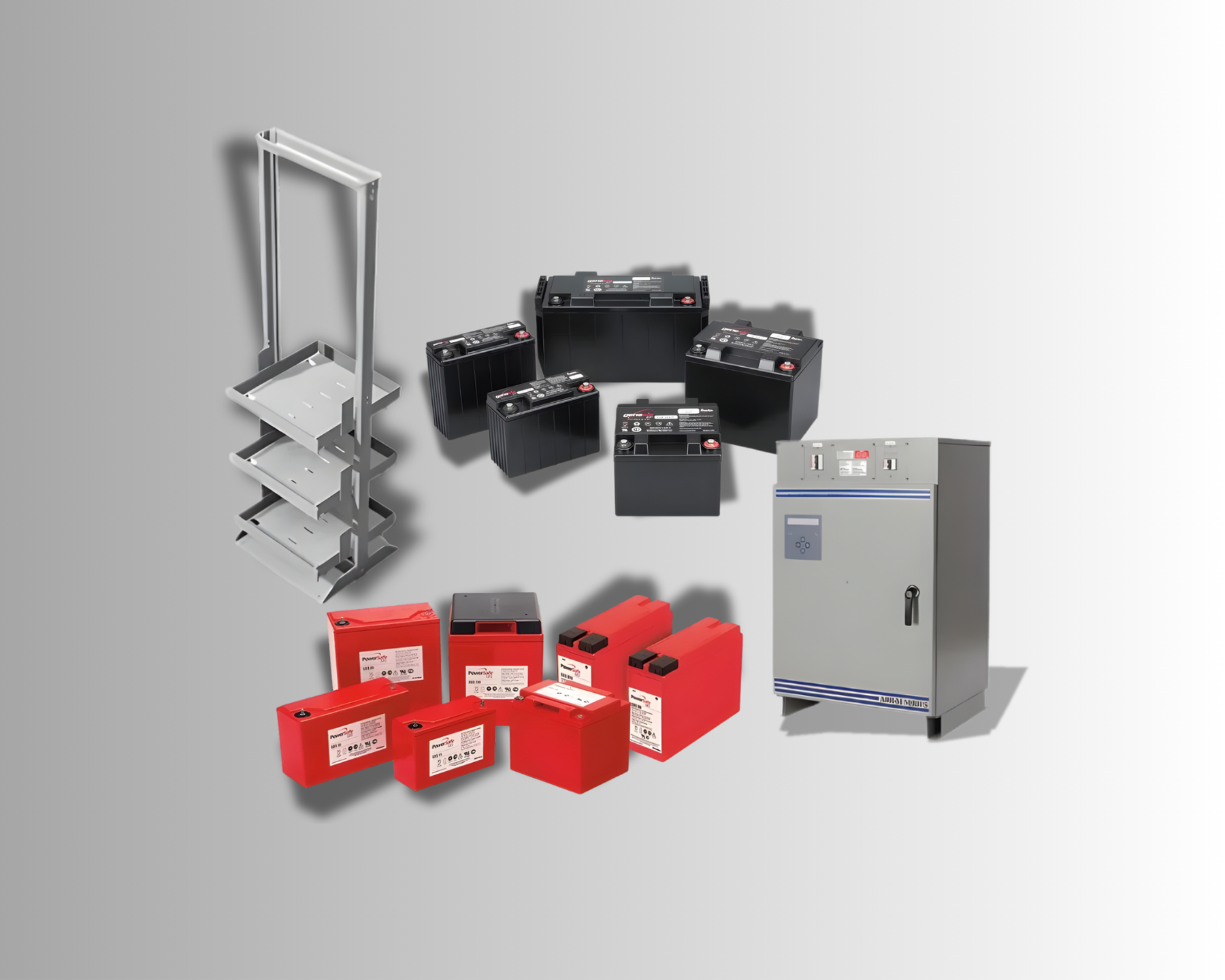 Assorted critical power batteries, battery rack, and power cabinet on light background