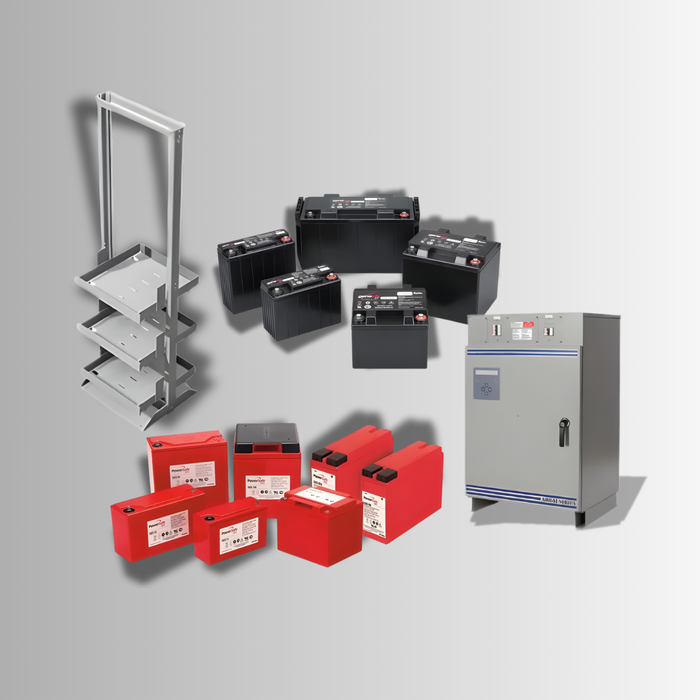 Assorted critical power batteries, battery rack, and power cabinet on light background