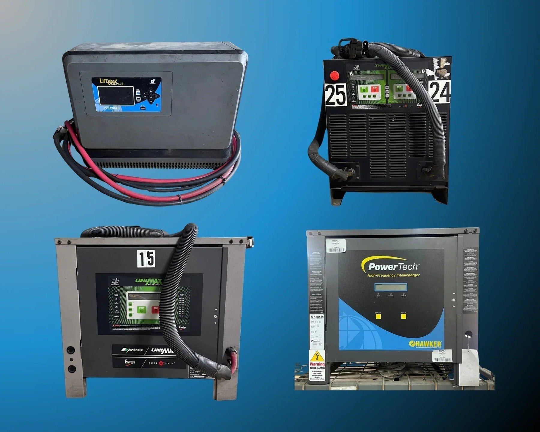 Four industrial battery chargers with cables, displayed on a blue gradient background.