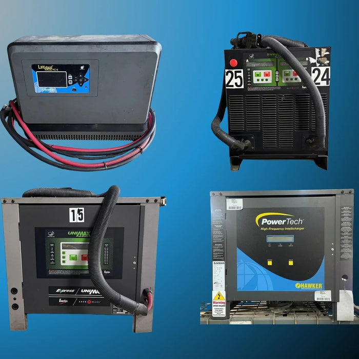 Four industrial battery chargers with cables, displayed on a blue gradient background.