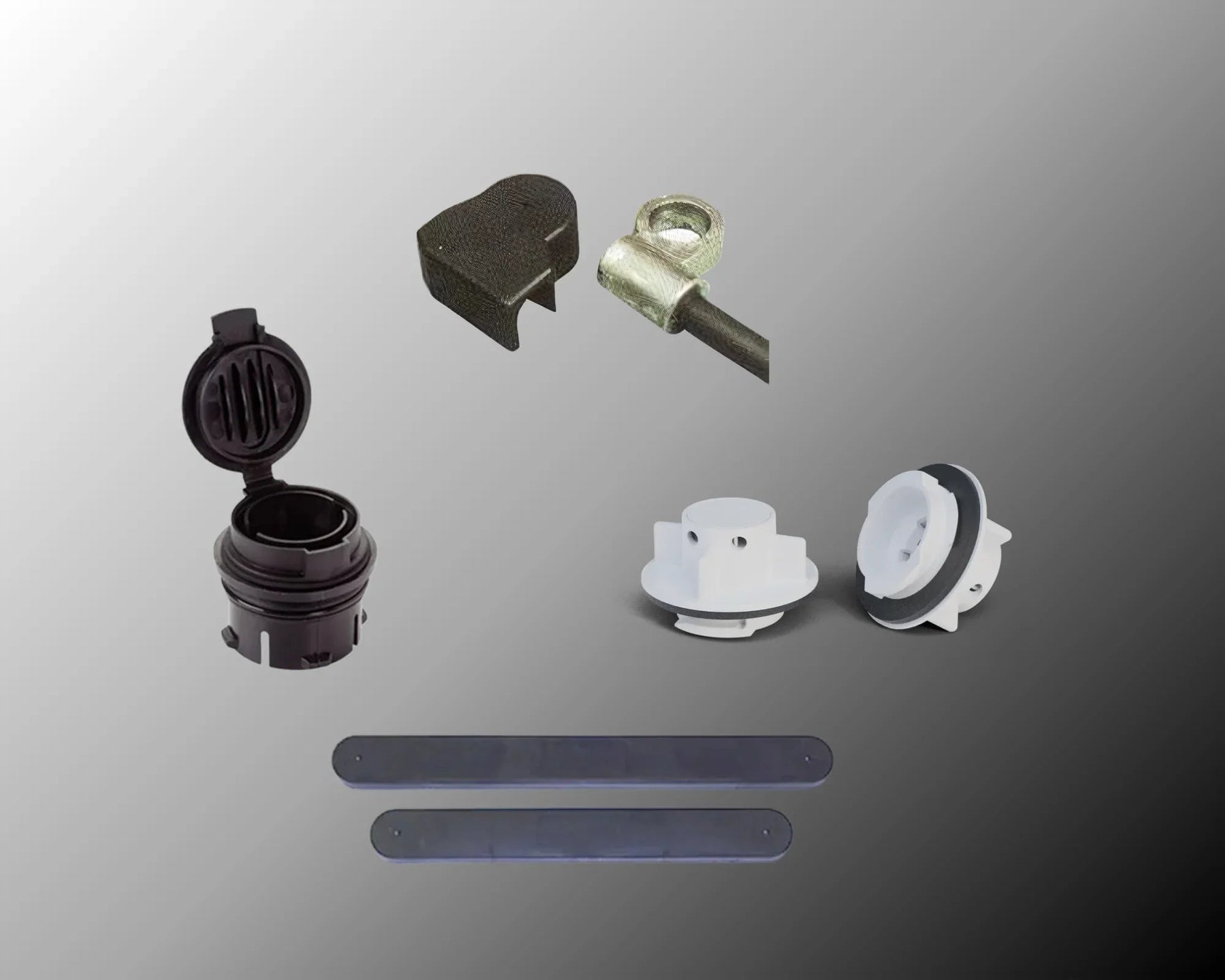 Assorted battery vent caps, terminal covers, and safety strips on a gradient background