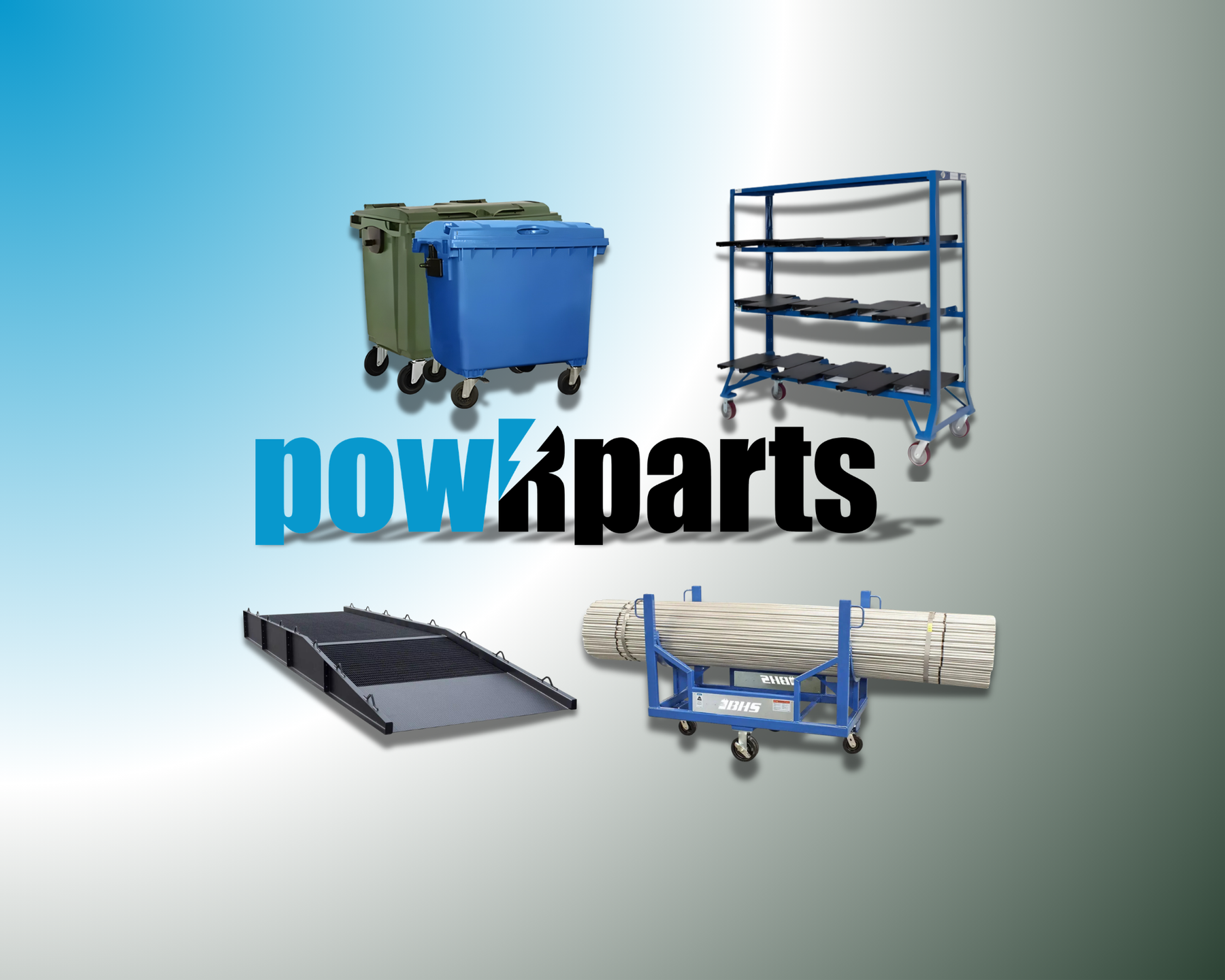 Warehouse material handling equipment including storage bins, shelving, ramp, and coil cart