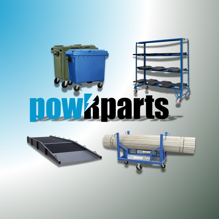 Warehouse material handling equipment including storage bins, shelving, ramp, and coil cart