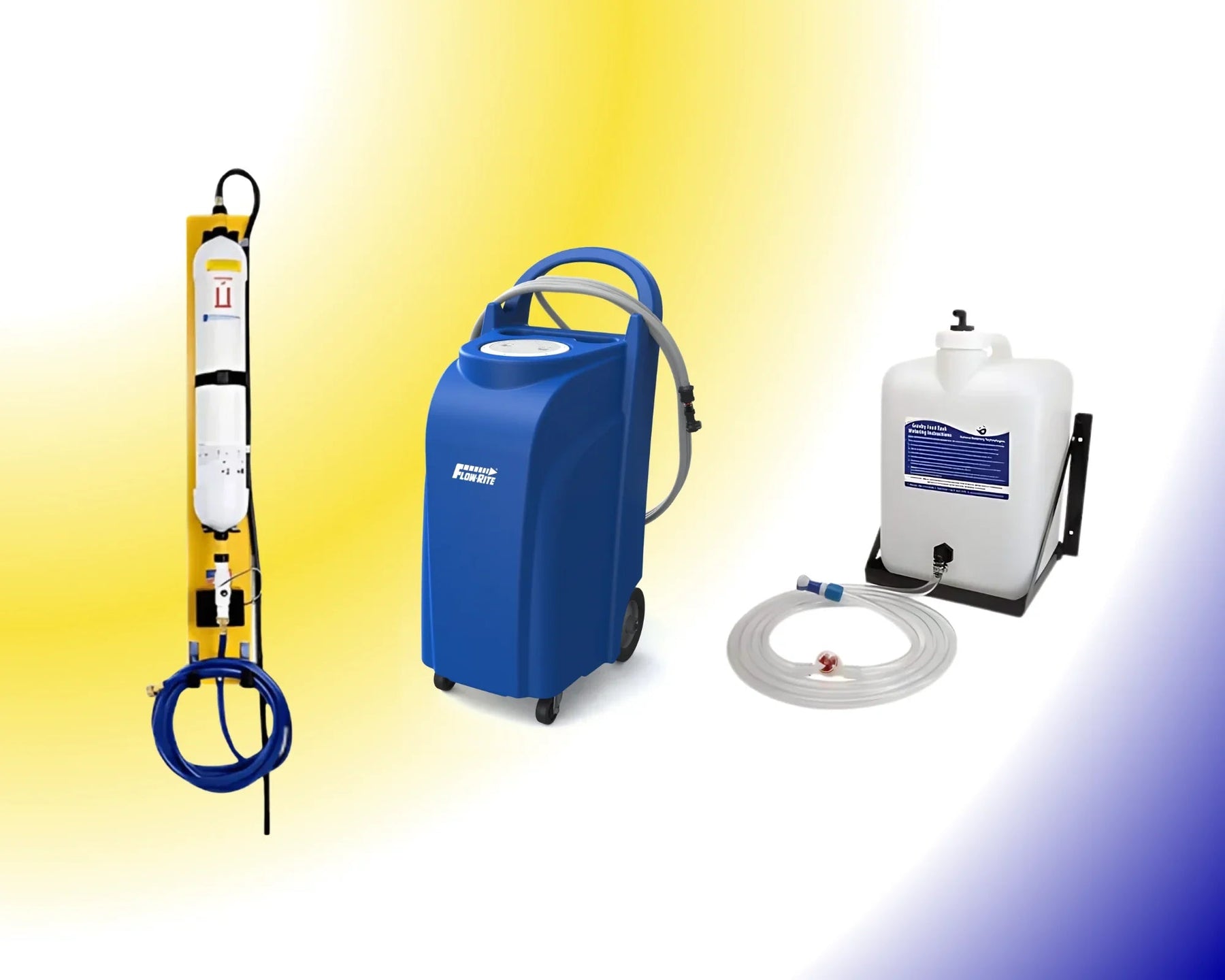 Battery watering supplies including filling station, blue portable cart, and white tank with hose