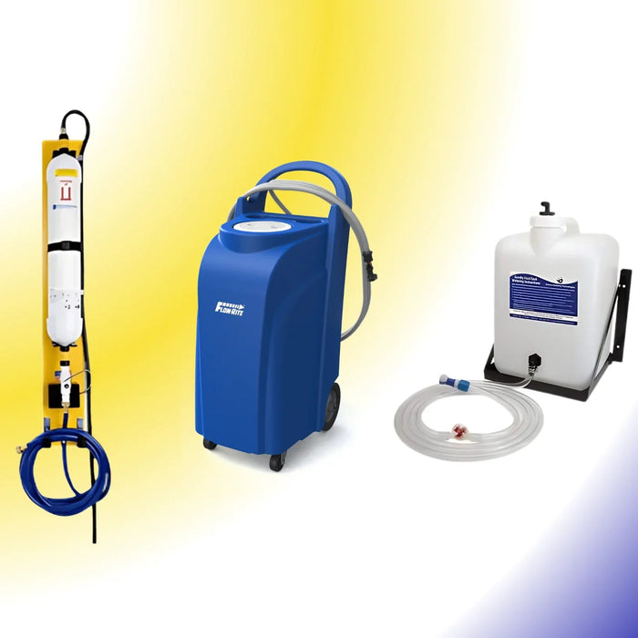 Battery watering supplies including filling station, blue portable cart, and white tank with hose