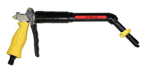 Battery watering gun with yellow handle and black nozzle for industrial battery maintenance