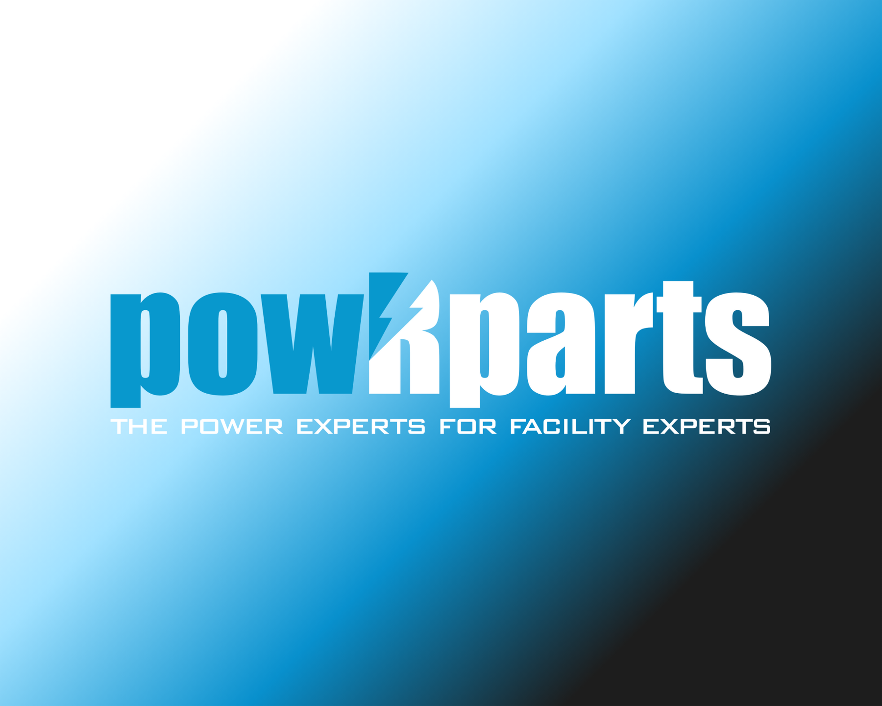 Blue and black gradient background with bold text logo reading 'powRparts' and tagline 'The power experts for facility experts'.