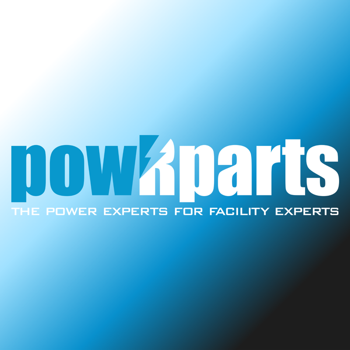 Blue and black gradient background with bold text logo reading 'powRparts' and tagline 'The power experts for facility experts'.