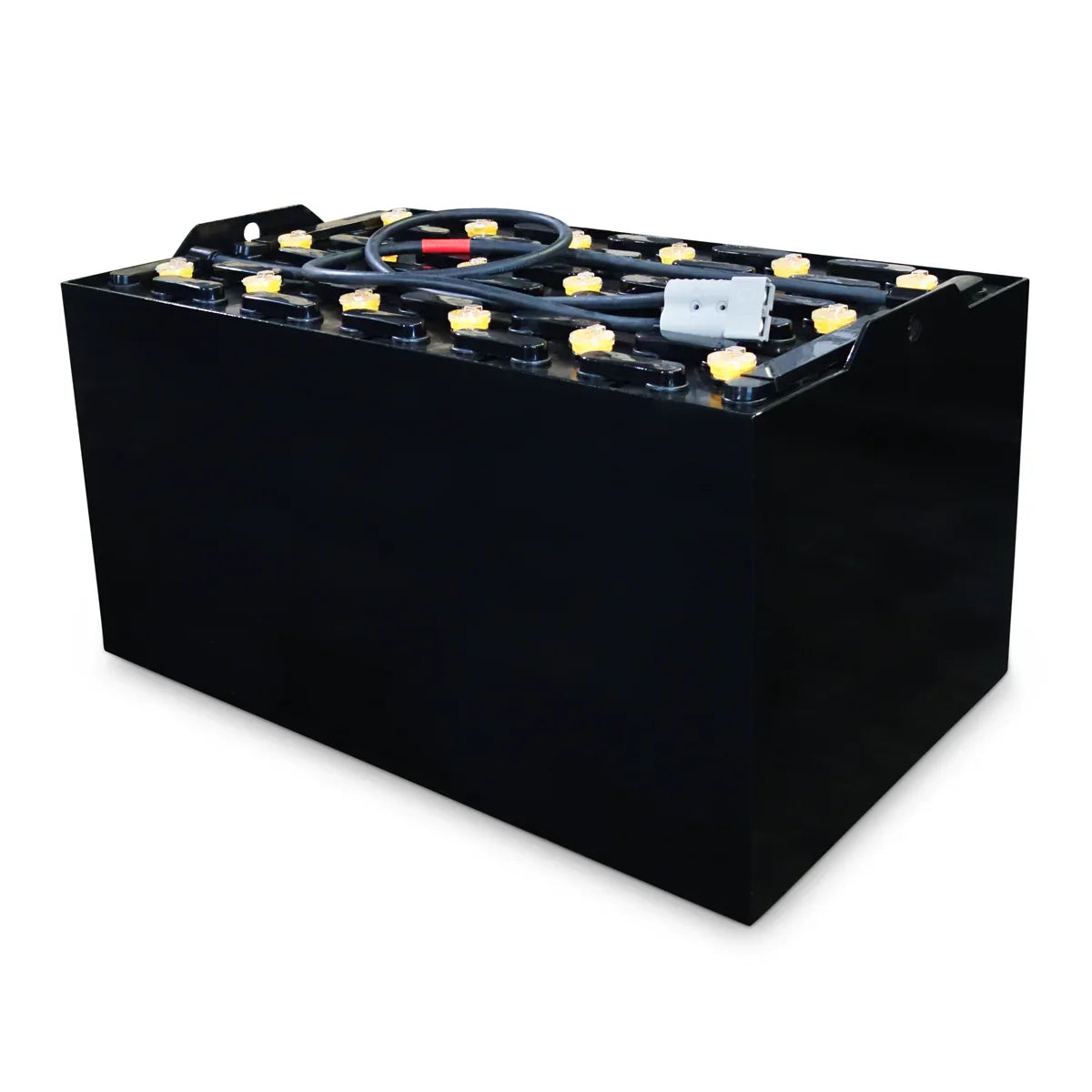 Industrial motive power battery with connector cables on white background