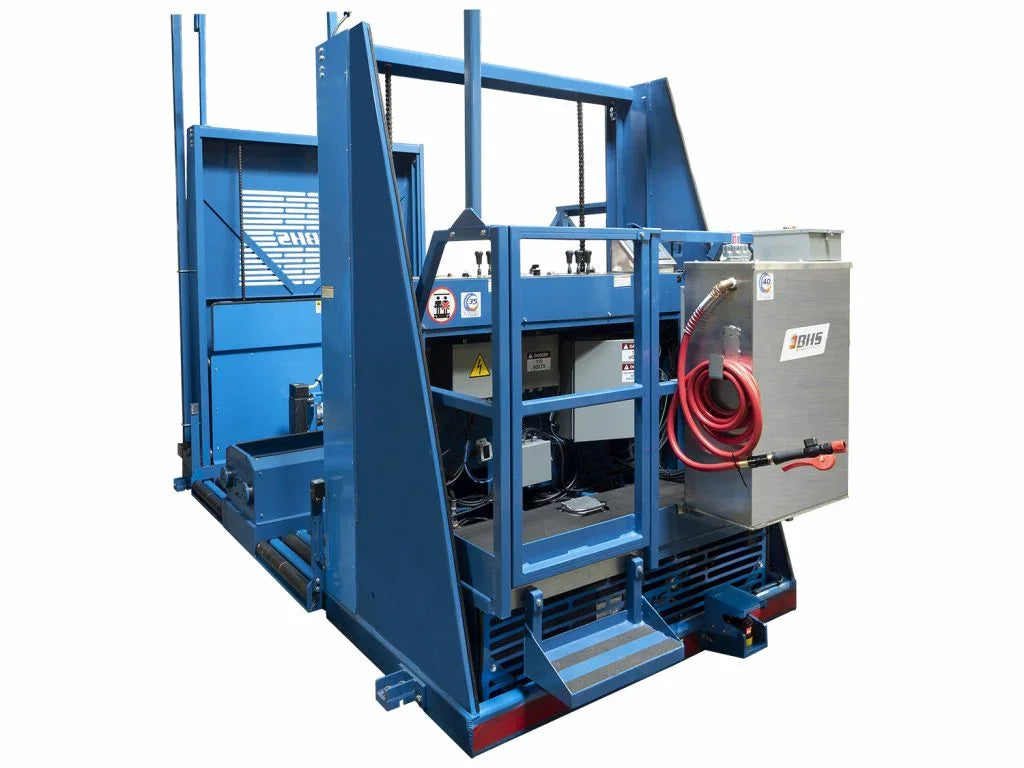 Industrial battery repair kit with blue metal frame, control panels, and red power cables