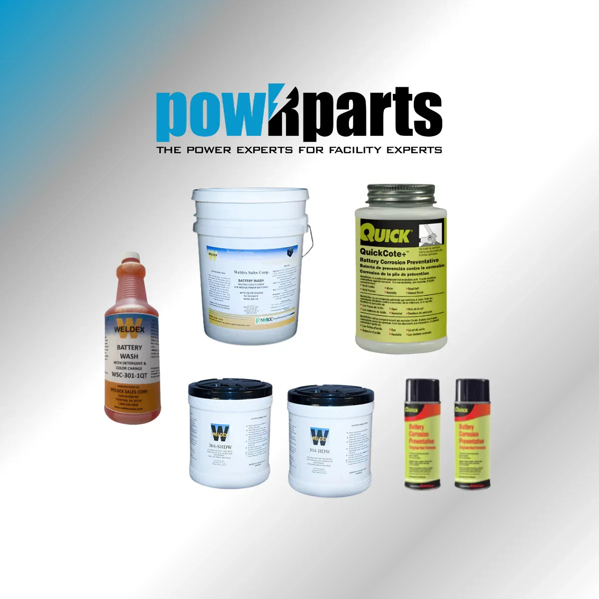 Battery cleaning and corrosion prevention products assortment on white background
