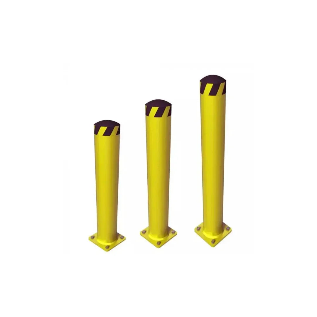 Yellow steel bollards with black hazard stripes for facility safety and equipment protection.