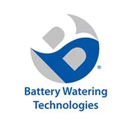 Battery Watering Technologies logo with abstract blue and gray shapes and text below