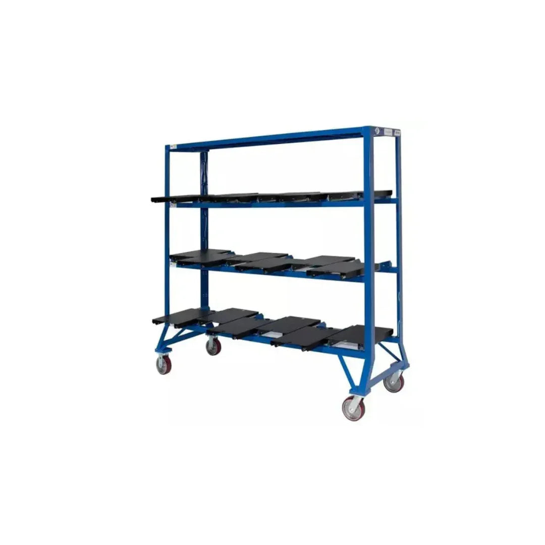 Industrial battery charging station with blue metal frame and four wheels