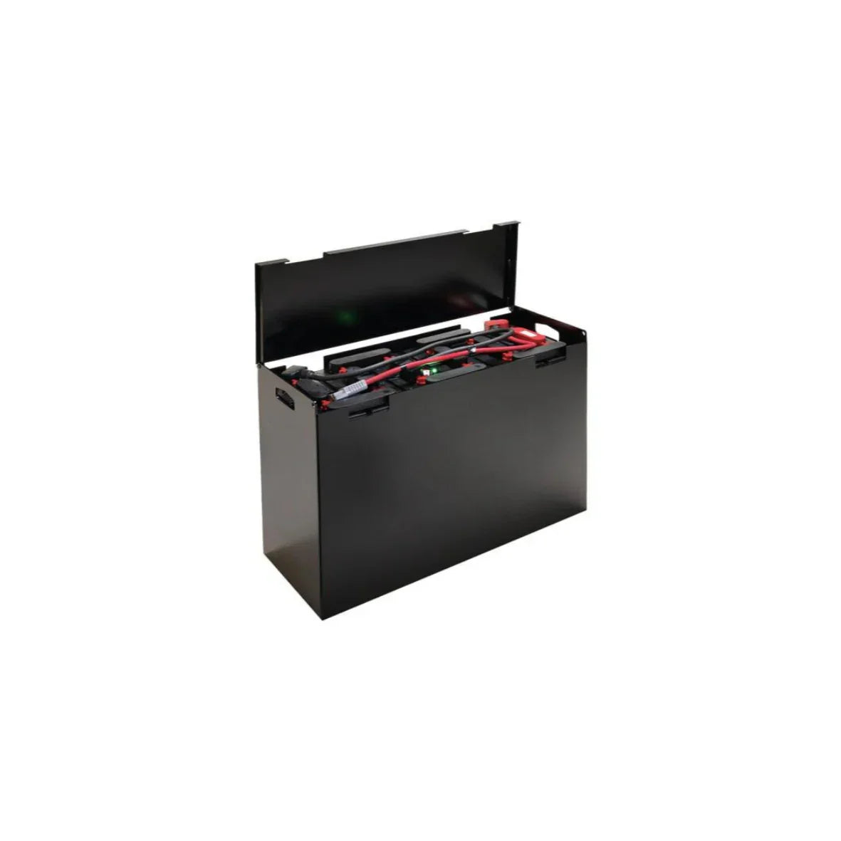 Unbranded forklift battery with open black case and visible red cables