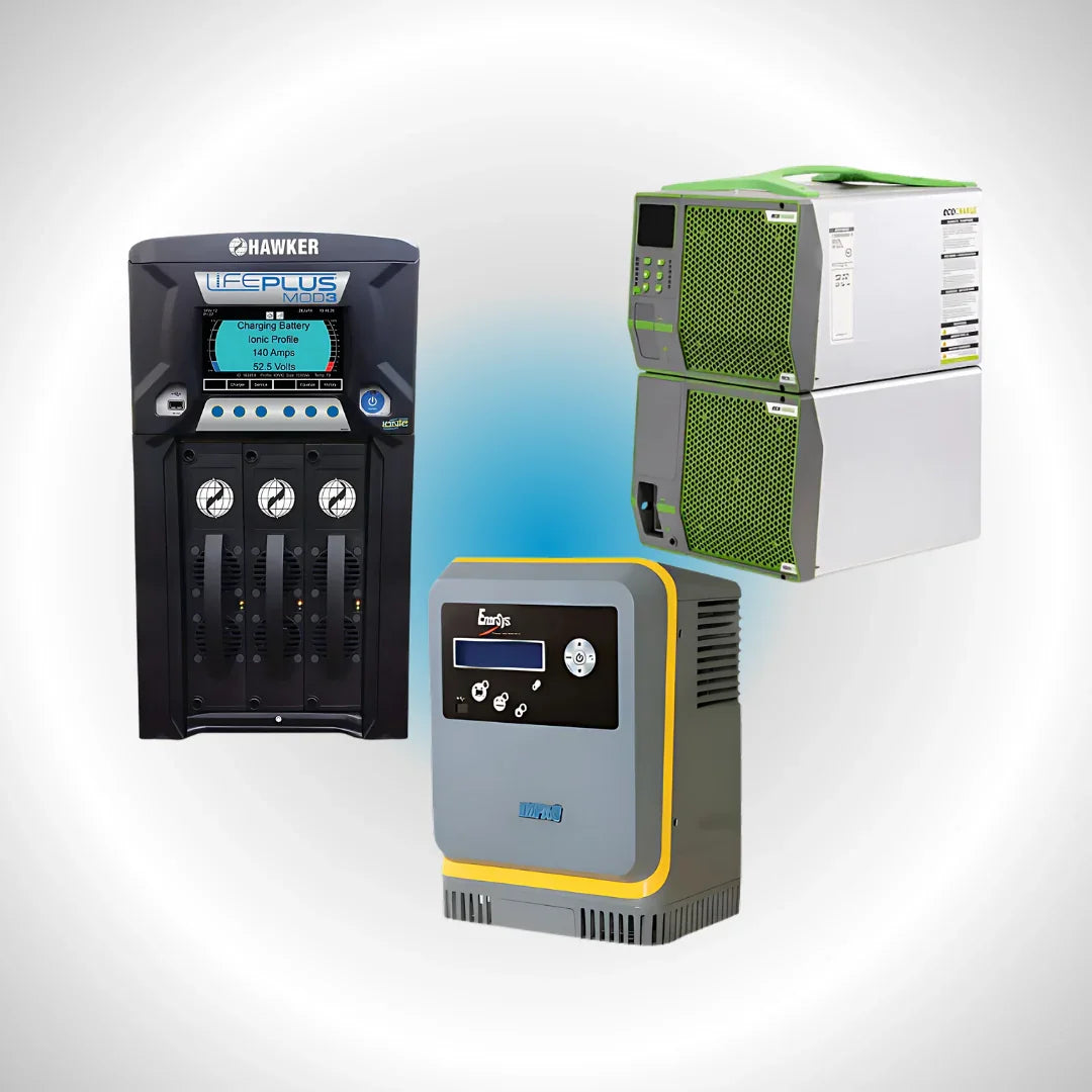 Industrial battery chargers and power management equipment against a white background