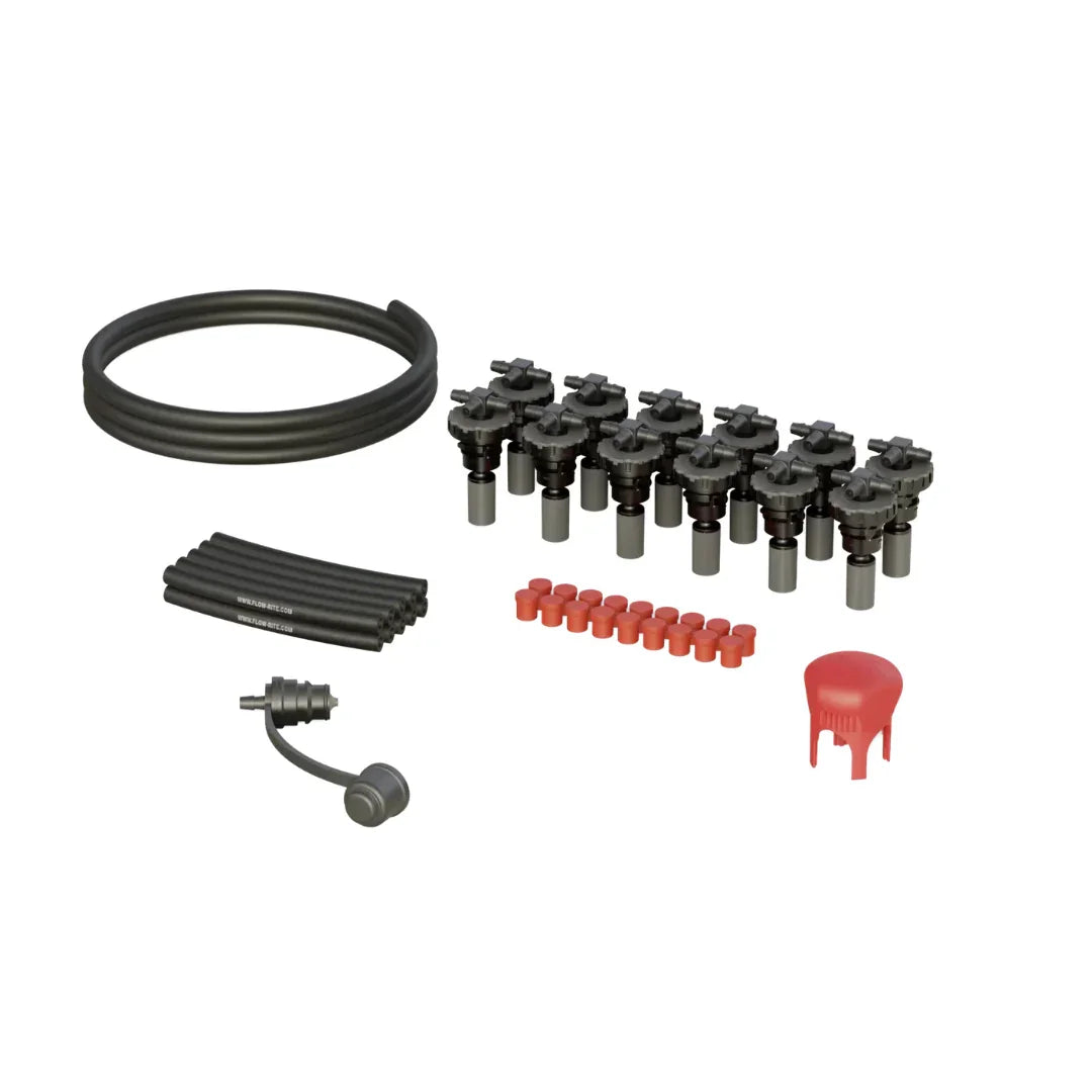 Battery watering system kit with tubing, valves, caps, and connectors on white background