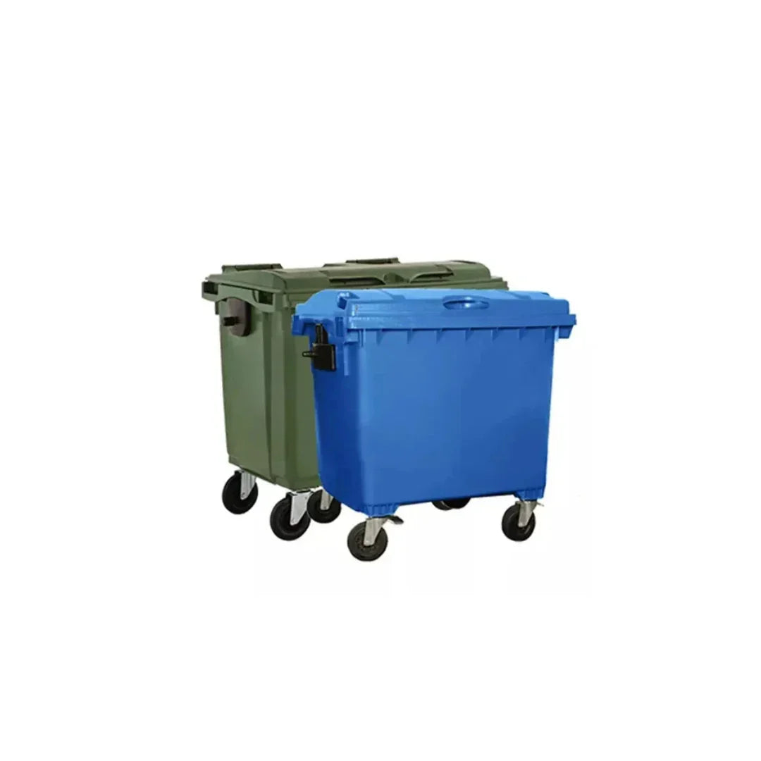 Industrial mobile storage bins with wheels, blue and green, for facility waste management
