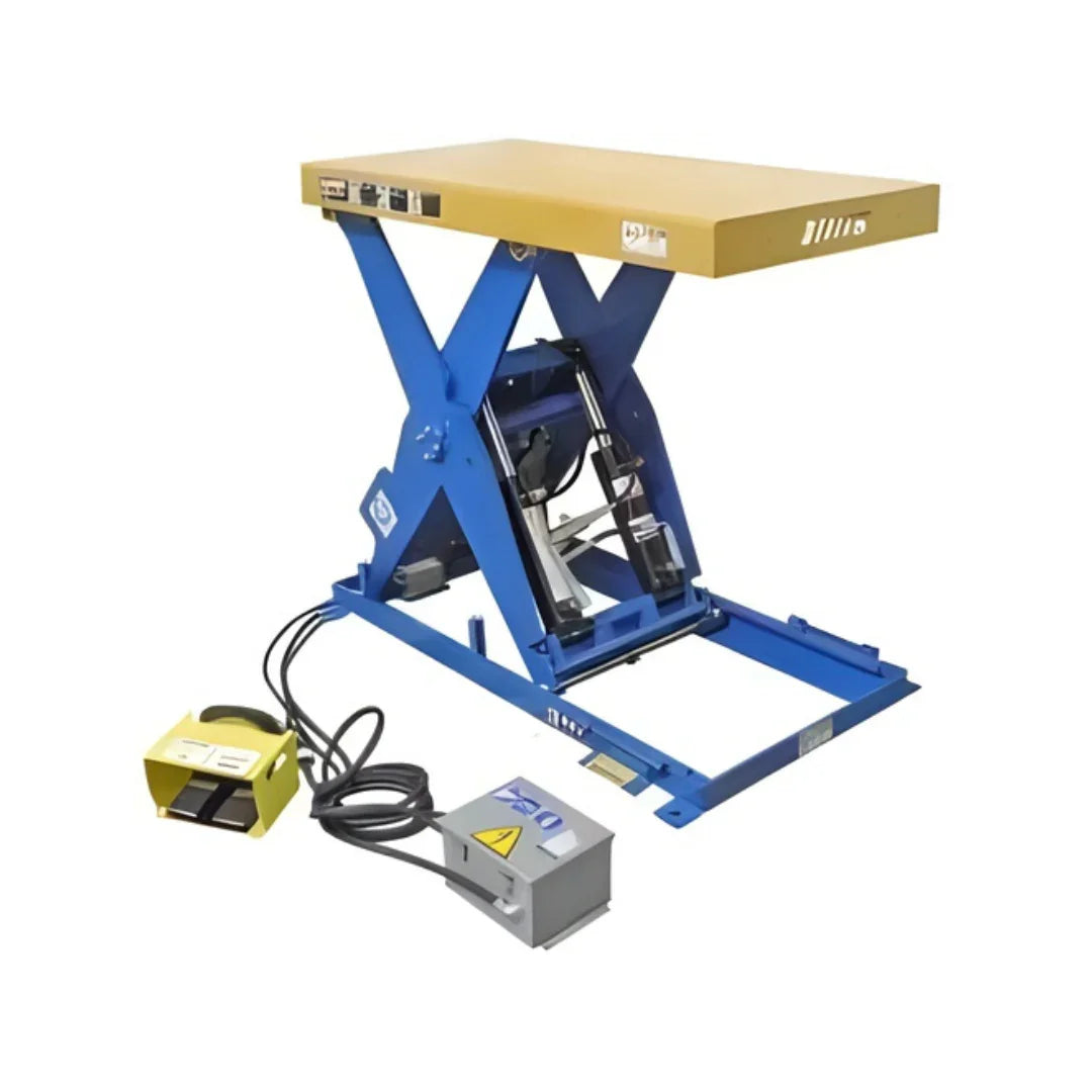 Electric scissor lift table with blue frame, yellow platform, and foot pedal controls
