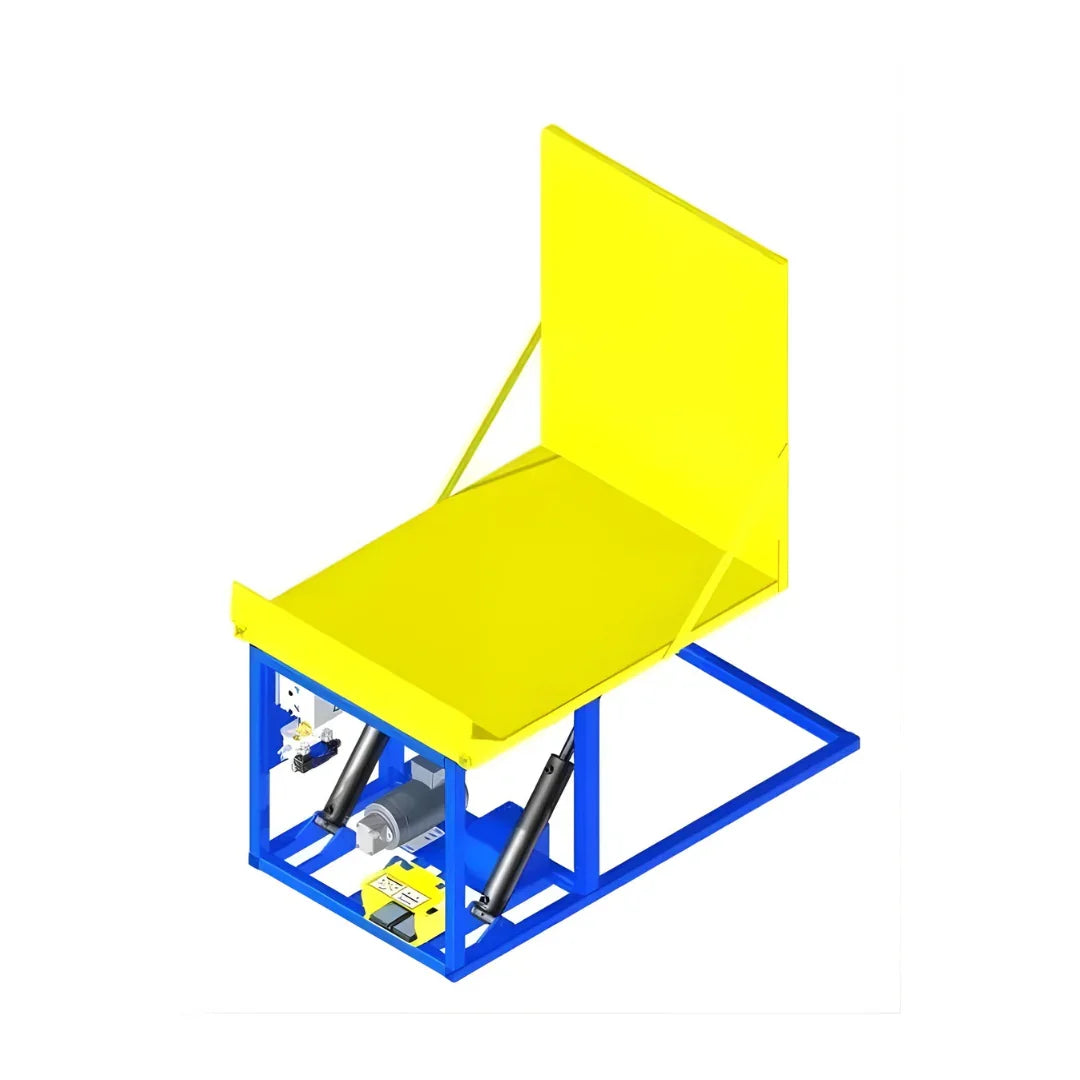 Industrial upender machine with yellow platform and blue frame for facility power part handling