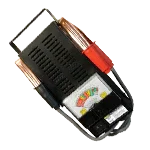 Analog battery load tester with metal vents, gauge meter, and copper test clamps