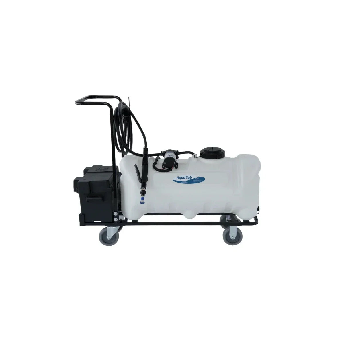 Battery watering cart with 25-gallon tank, hose, and wheels for industrial power maintenance