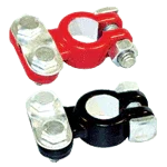 Red and black battery terminal connectors with metal bolts for electrical power systems