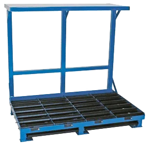 Heavy-duty blue metal roller stand for battery storage and handling