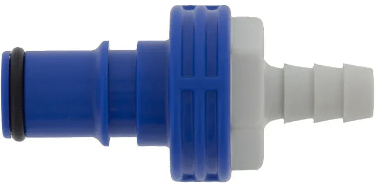 Blue plastic male hose connector with barbed end for facility power equipment