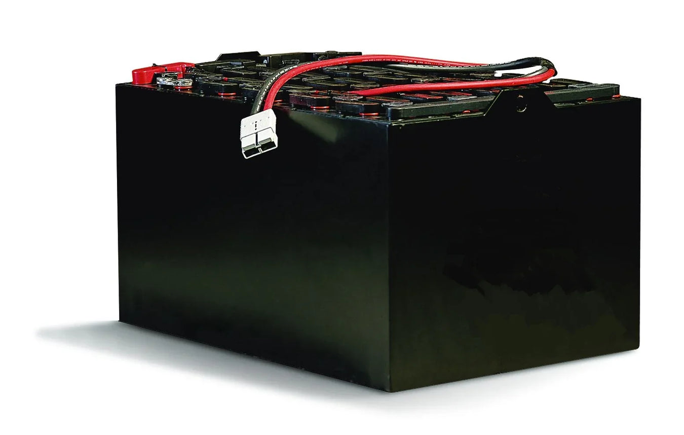 Industrial forklift battery with cables and connector, black enclosure on white background