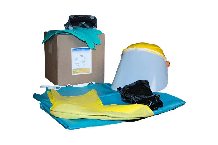Heavy duty safety kit with face shield, safety goggles, gloves, and protective coveralls