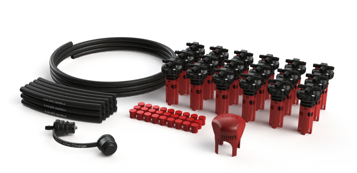Battery watering system kit with flow control valves, tubing, connectors, and accessories.