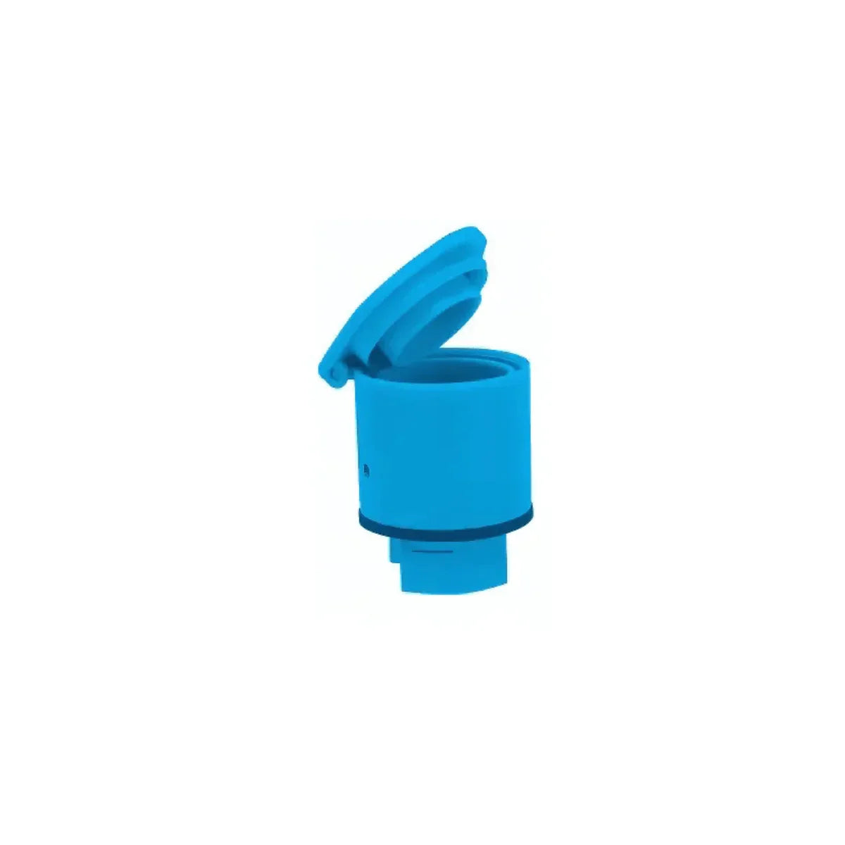 Blue tall flip top vent cap for battery or power equipment, lid open, isolated on white
