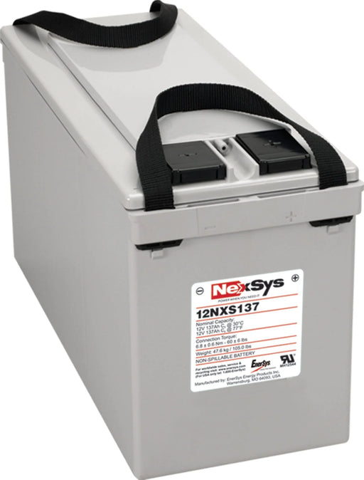 12NXS137 NexSys TPPL battery with label, plastic casing, and black carrying strap