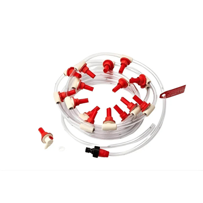 20-cell battery water injector system with clear tubing and red connectors for industrial use