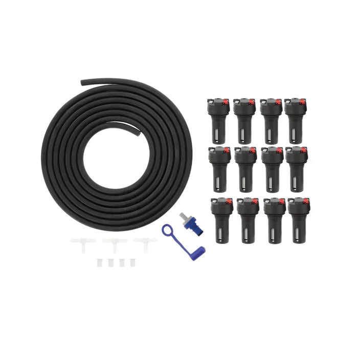 6-cell battery watering system kit with tubing, connectors, and valves on white background