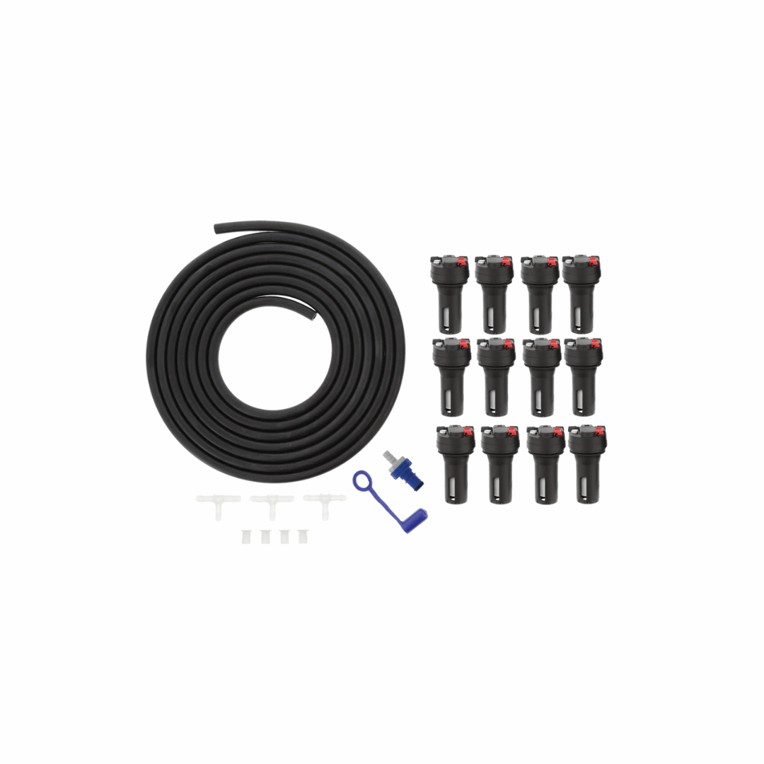 Battery watering system kit with flow control valves, tubing, connectors, and accessories.