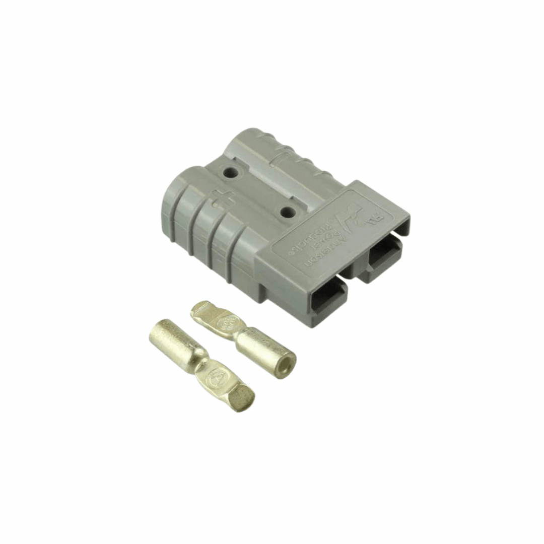 Gray SB175 power connector with two metal terminal tips for battery connections