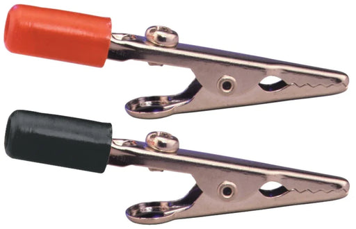 Pair of alligator clips with red and black insulated banana plug covers