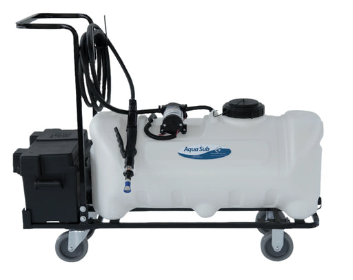 Aqua Sub battery watering cart with white tank, hose, pump, and caster wheels