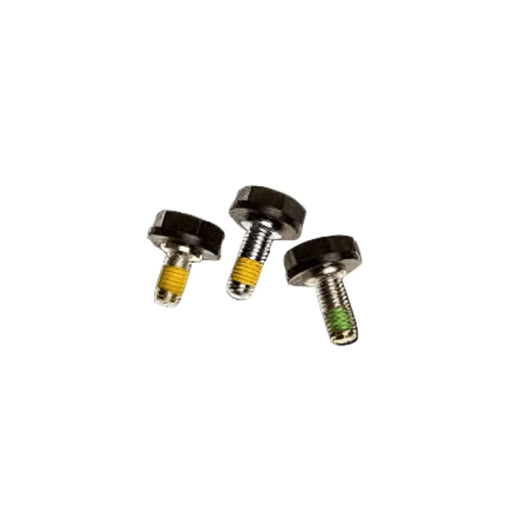 Three black plastic head bolts with colored thread lockers on white background