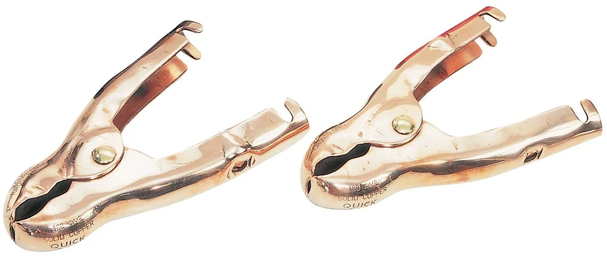 Pair of solid copper 900 amp booster clamps for heavy duty battery connections