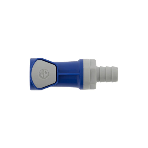 Blue plastic female connector with ribbed hose barb for power or battery systems