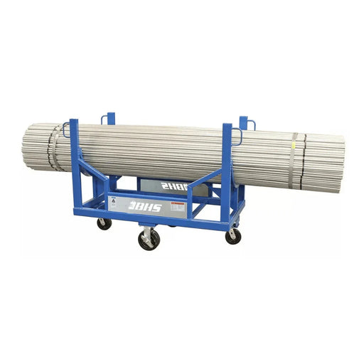 Blue conduit carrier cart with bundled metal pipes, heavy-duty industrial transport