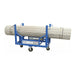 Blue conduit carrier cart with bundled metal pipes, heavy-duty industrial transport