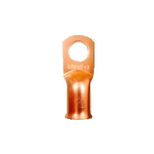Copper terminal lug for power cable connections, single hole design on white background