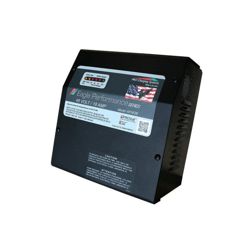 Eagle Performance 48V 18A on-board battery charger with indicator lights and labels.