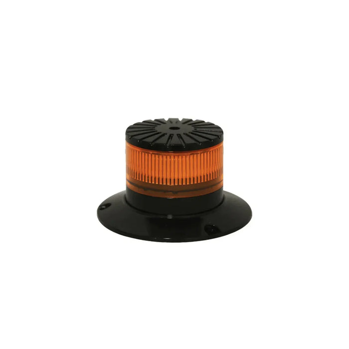 LED amber beacon warning light with black mounting base on white background